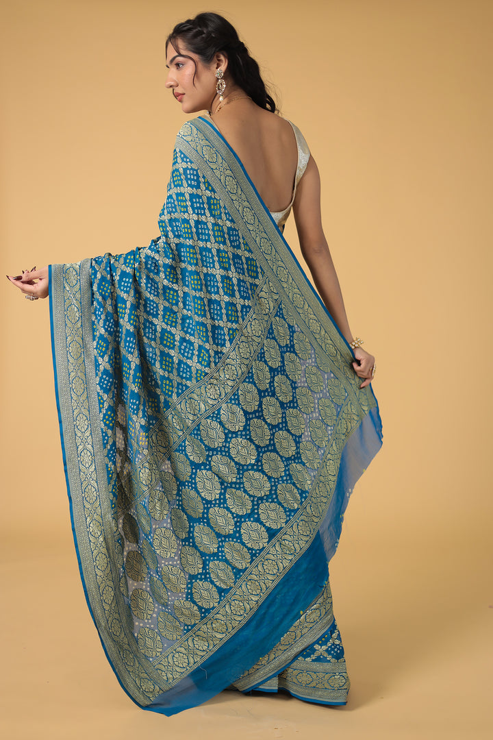 Blue Bandhej Pure Handloom Georgette  Saree