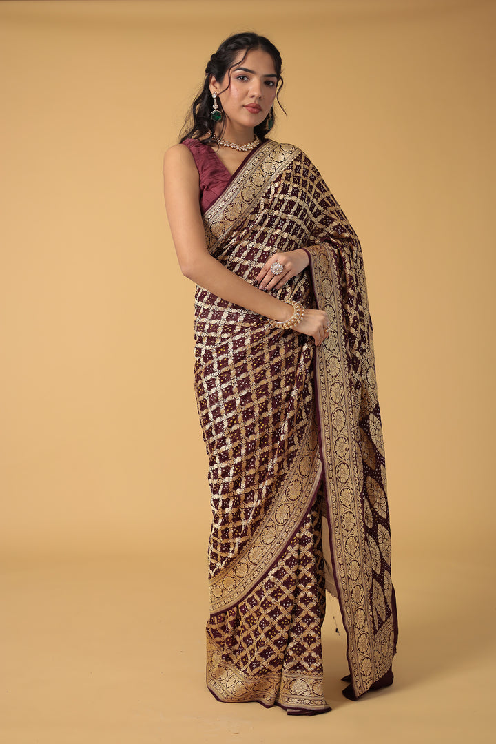 Purple Bandhej Pure Handloom Georgette  Saree