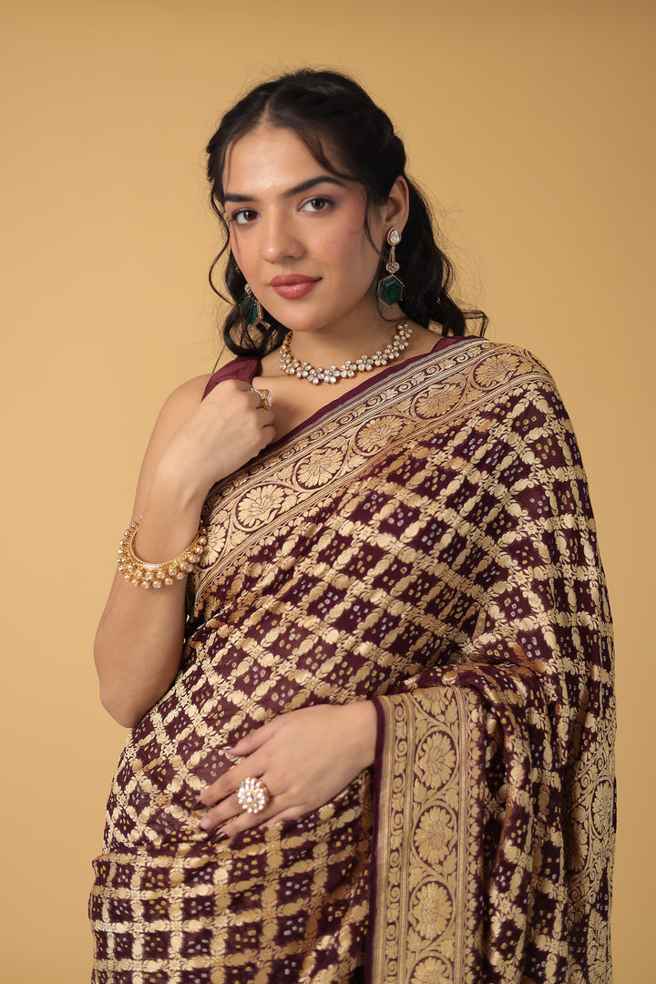 Purple Bandhej Pure Handloom Georgette  Saree