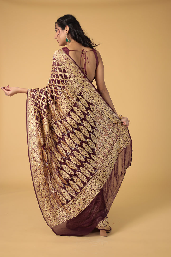 Purple Bandhej Pure Handloom Georgette  Saree