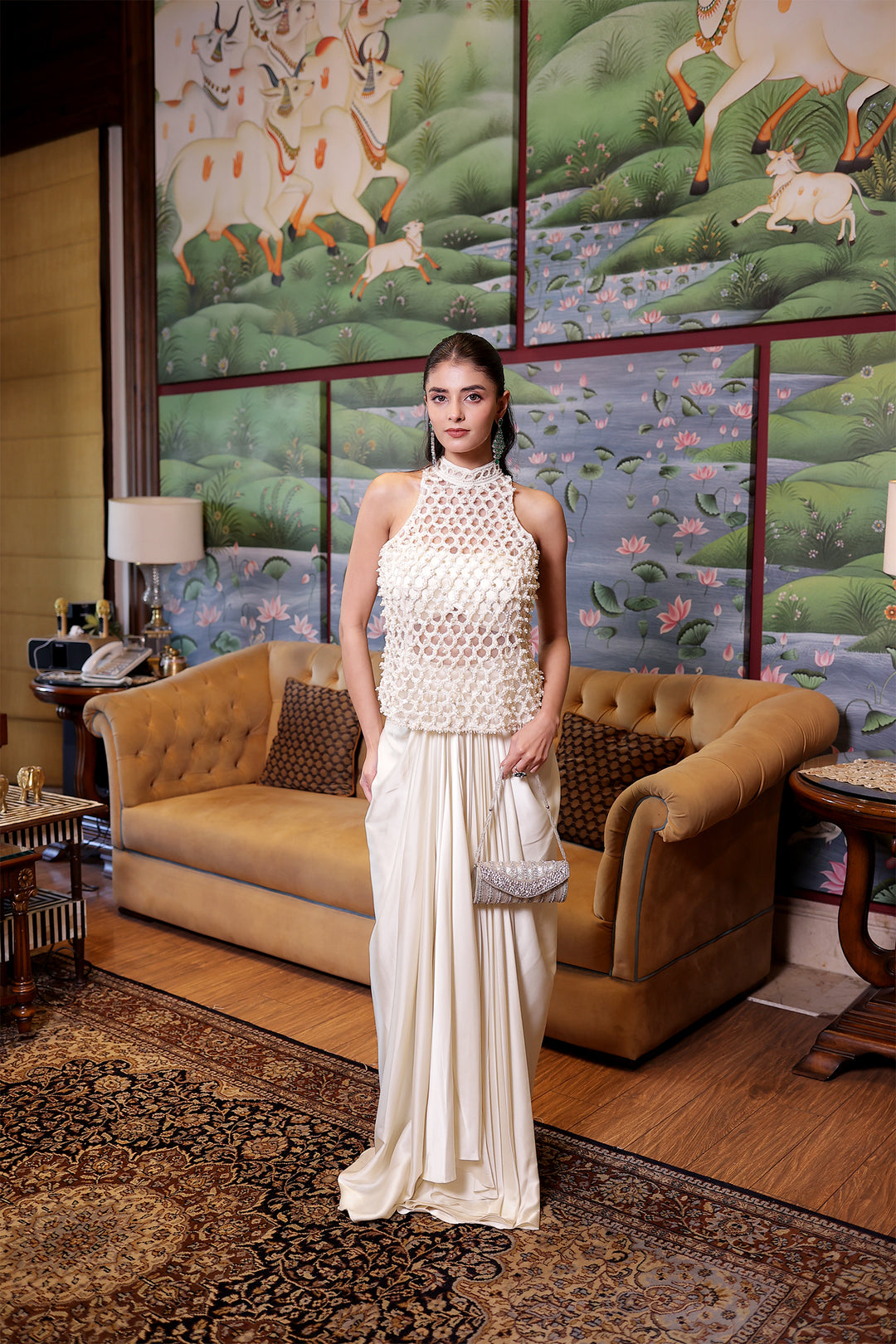 Cream Net Indowestern with Cutdana, Pearl and Sequins work