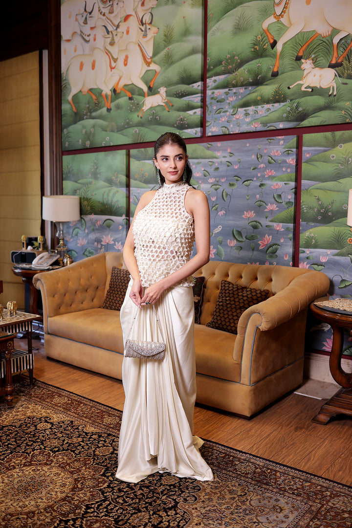 Cream Net Indowestern with Cutdana, Pearl and Sequins work