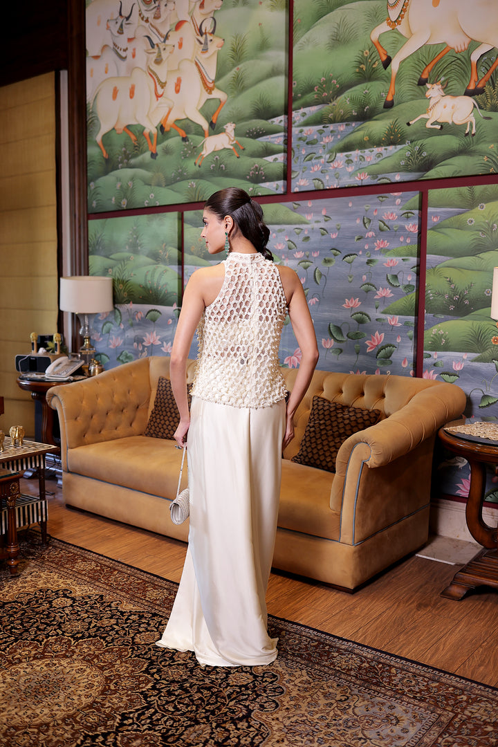 Cream Net Indowestern with Cutdana, Pearl and Sequins work