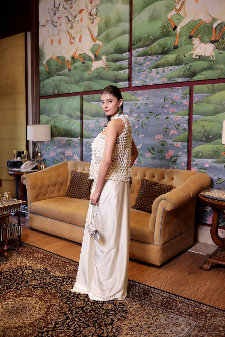 Cream Net Indowestern with Cutdana, Pearl and Sequins work