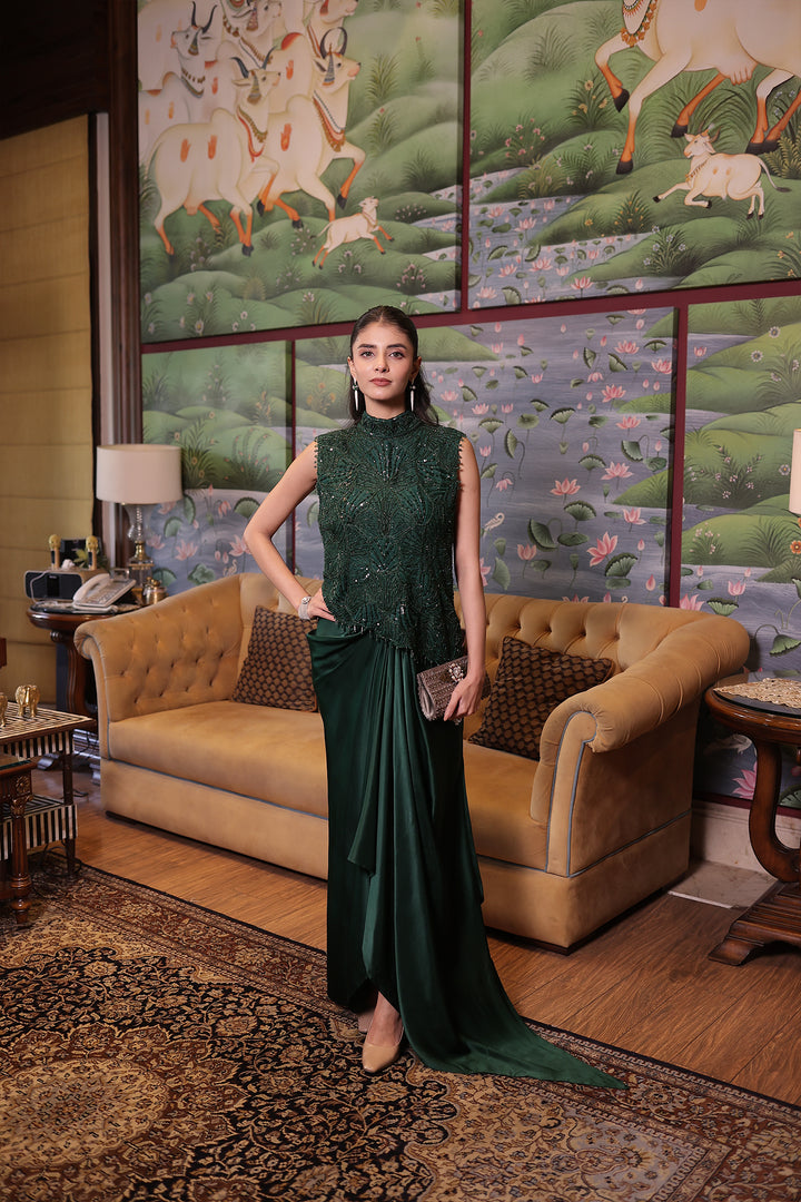 Dark Green Net Indowestern with Cutdana and Sequins work