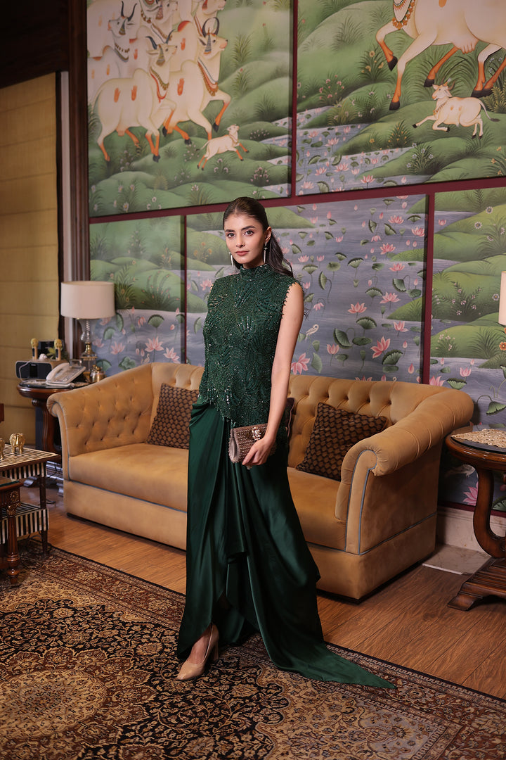 Dark Green Net Indowestern with Cutdana and Sequins work