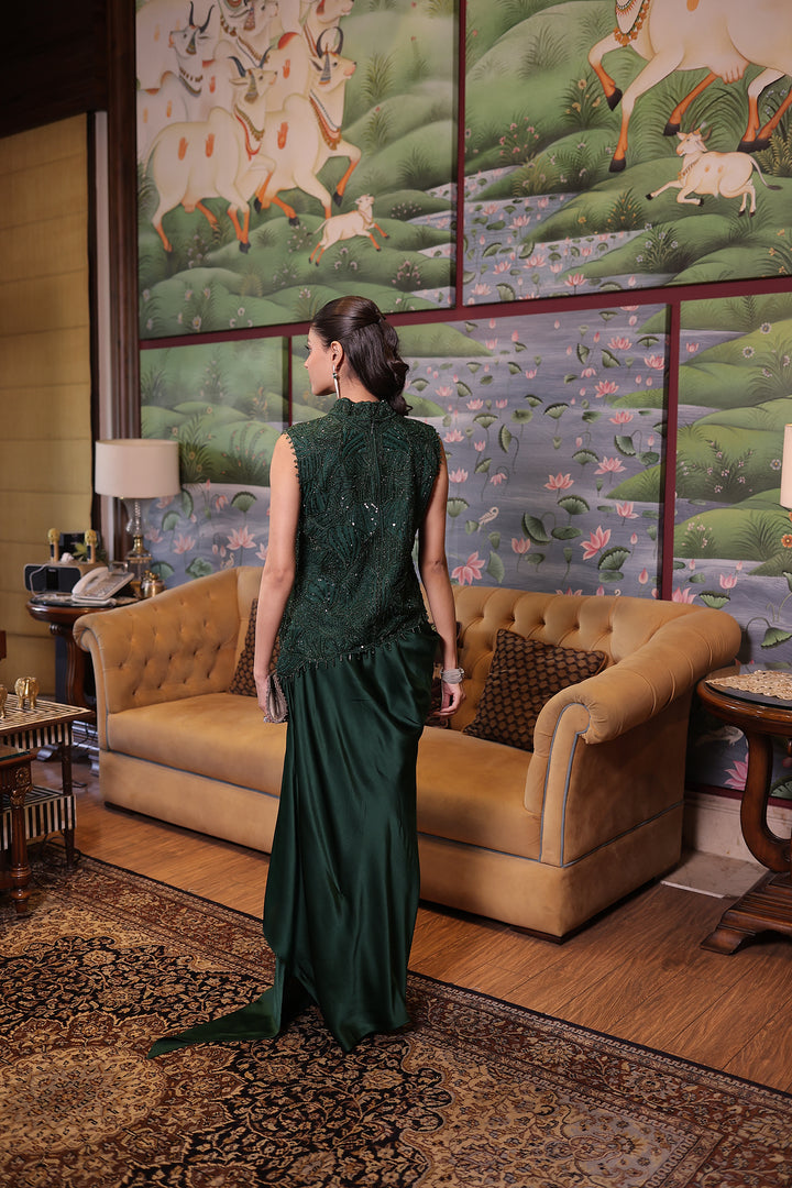 Dark Green Net Indowestern with Cutdana and Sequins work