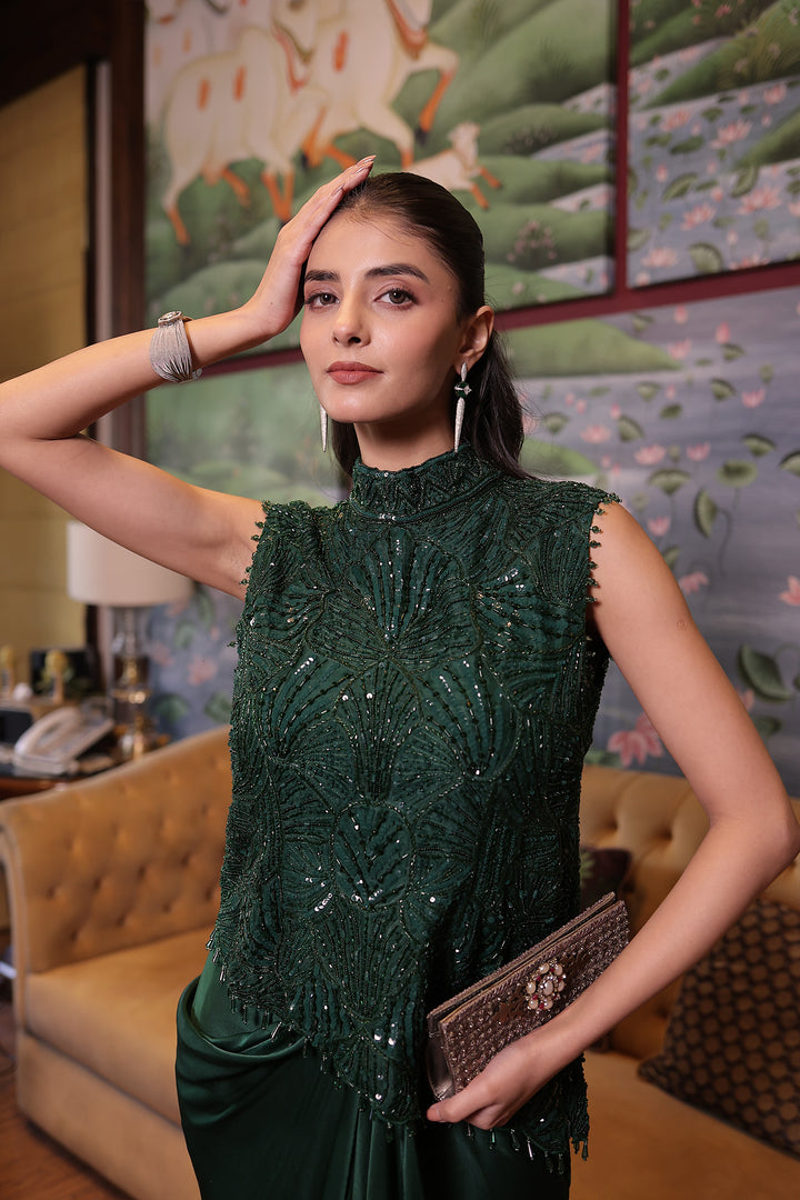 Dark Green Net Indowestern with Cutdana and Sequins work