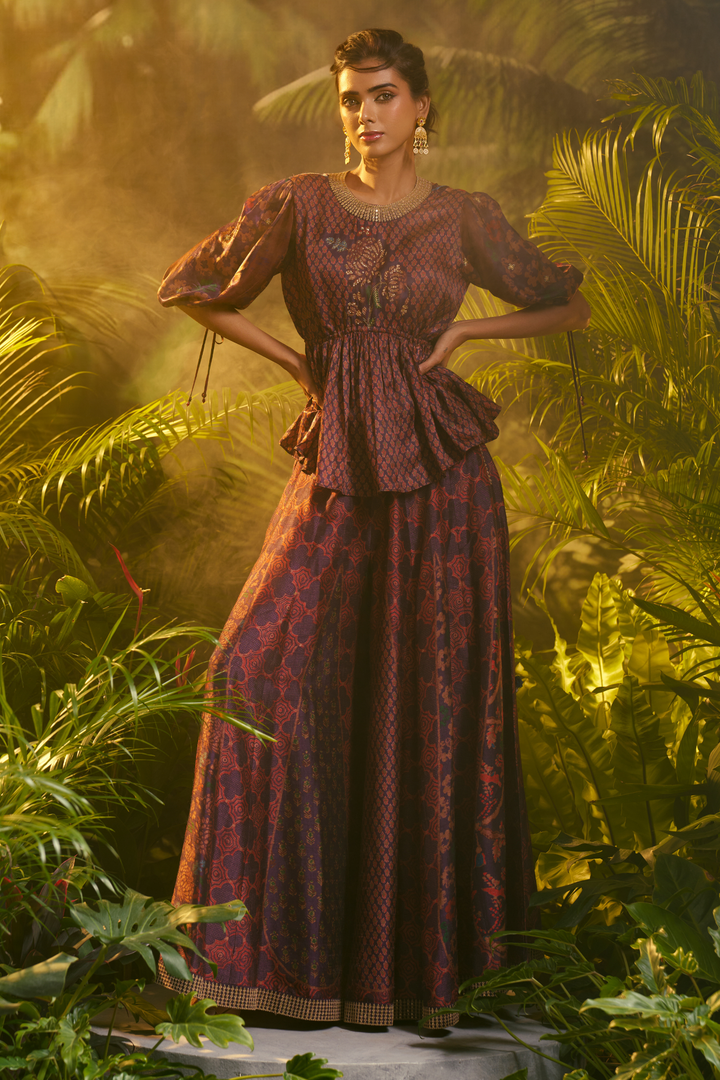 Crepe Indowestern with Aari, Printed, Sequins, Zari work.