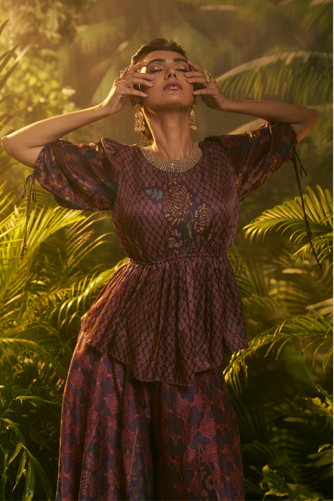 Crepe Indowestern with Aari, Printed, Sequins, Zari work.