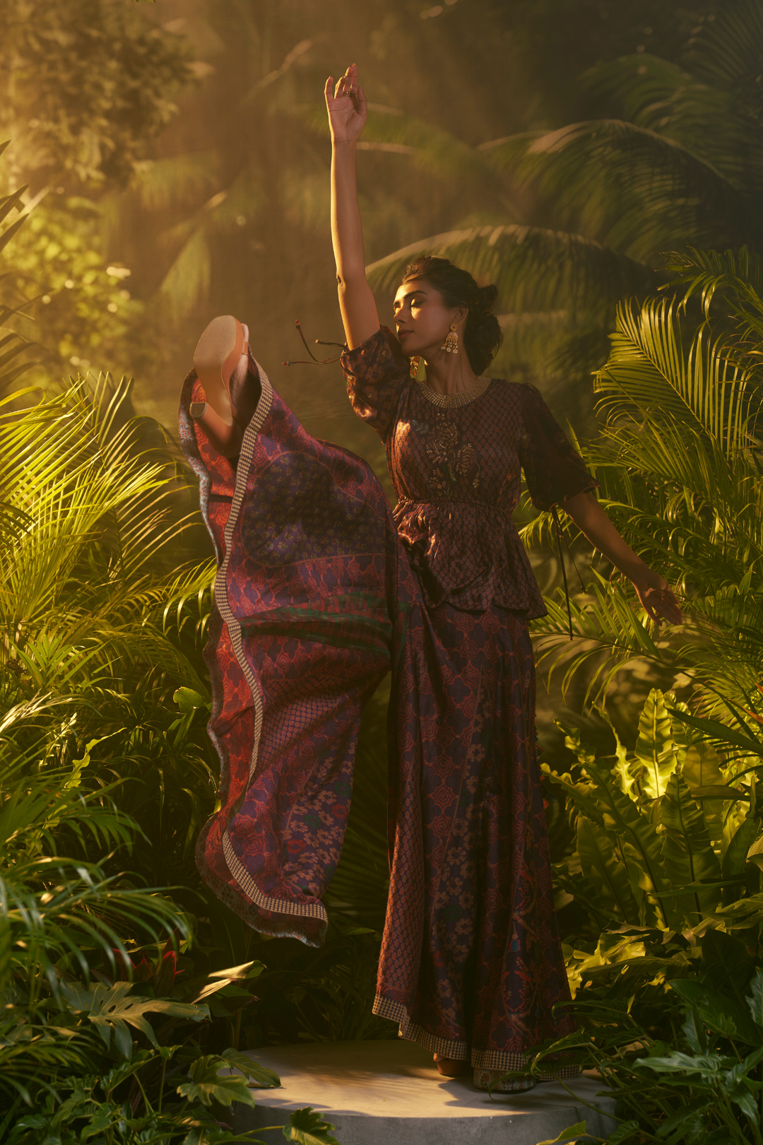 Crepe Indowestern with Aari, Printed, Sequins, Zari work.