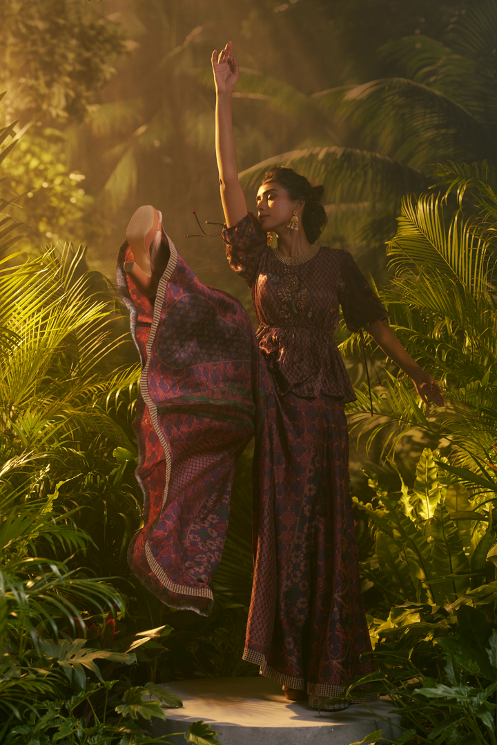 Crepe Indowestern with Aari, Printed, Sequins, Zari work.