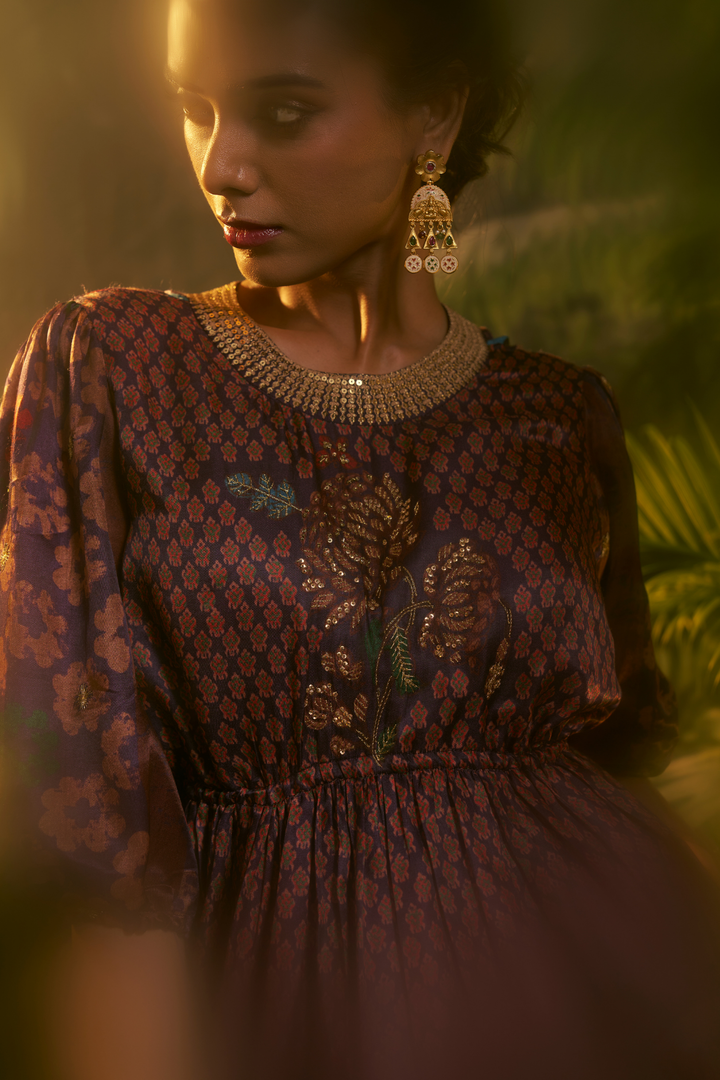 Crepe Indowestern with Aari, Printed, Sequins, Zari work.