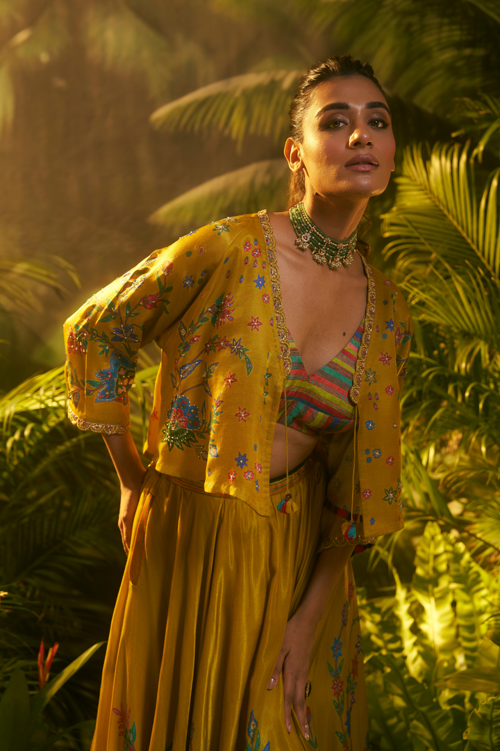 Crepe silk Indowestern with Aari, Pearl, Printed, Sequins, Zardozi work.