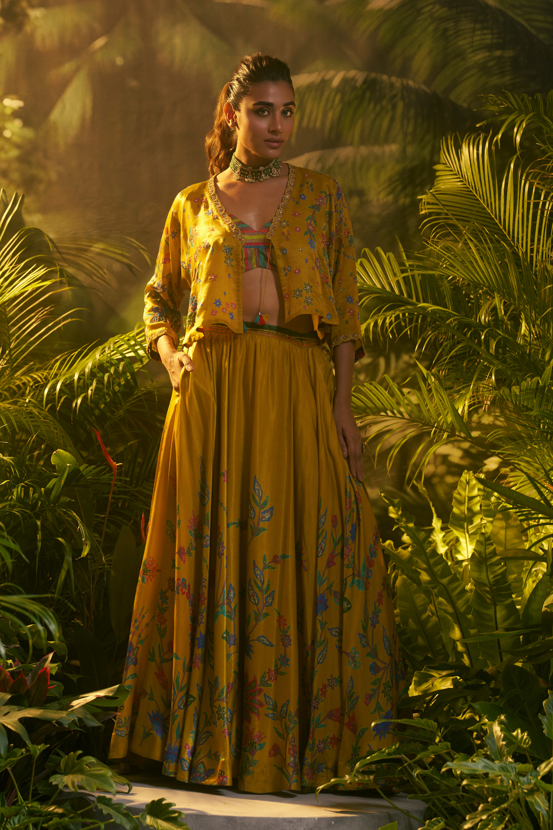 Crepe silk Indowestern with Aari, Pearl, Printed, Sequins, Zardozi work.