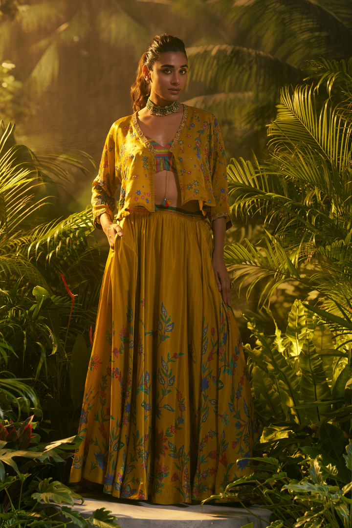 Crepe silk Indowestern with Aari, Pearl, Printed, Sequins, Zardozi work.