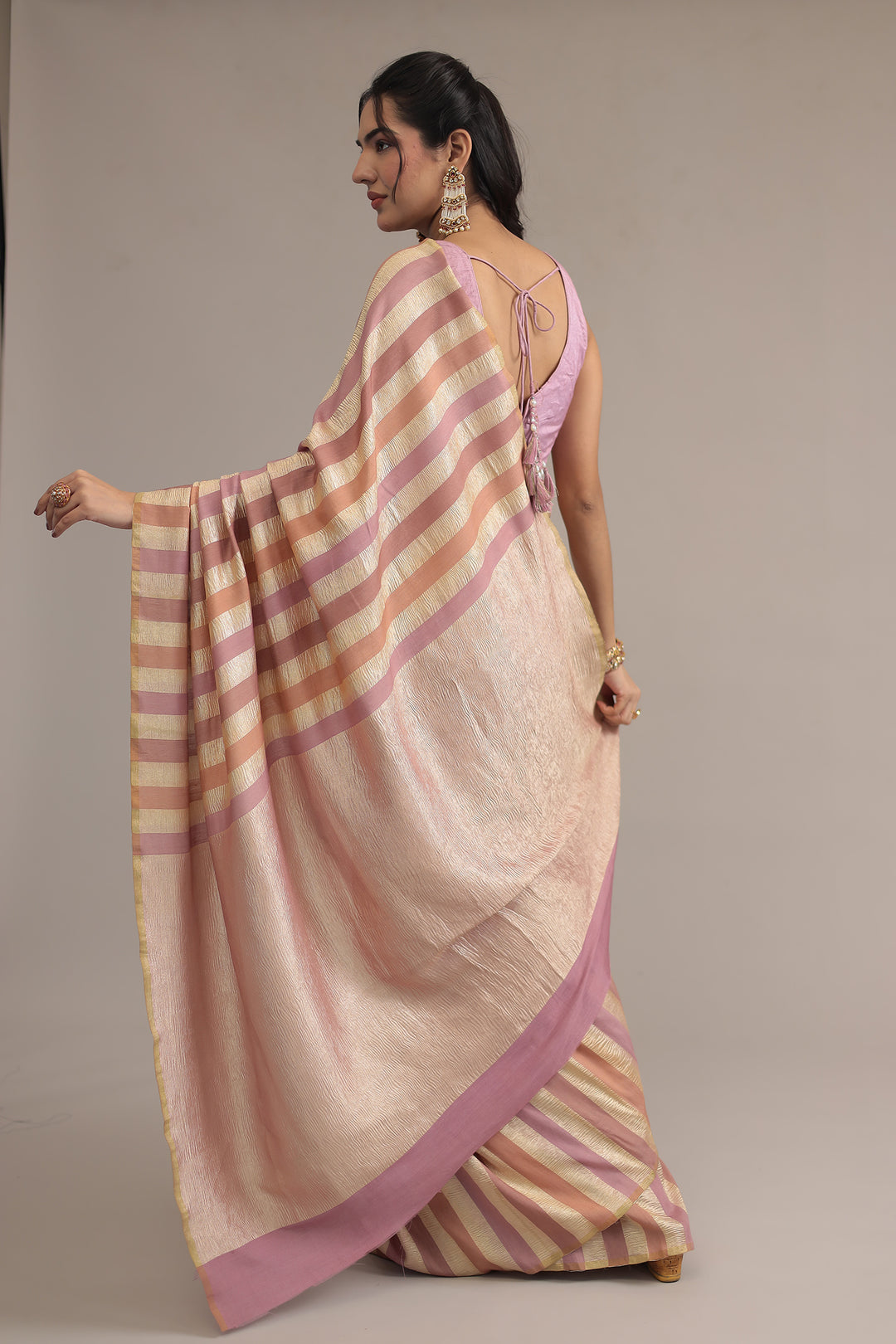 Peach Stripes Crush Tissue silk  Saree