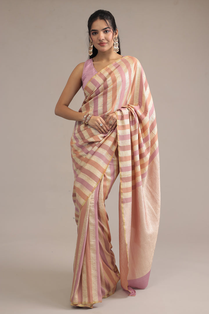Peach Stripes Crush Tissue silk  Saree