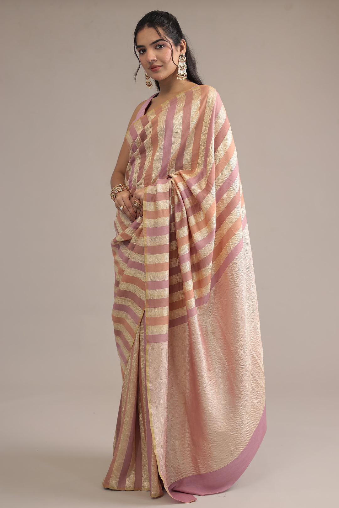 Peach Stripes Crush Tissue silk  Saree