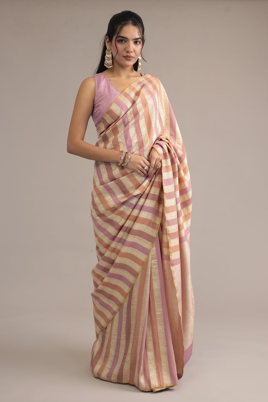 Peach Stripes Crush Tissue silk  Saree