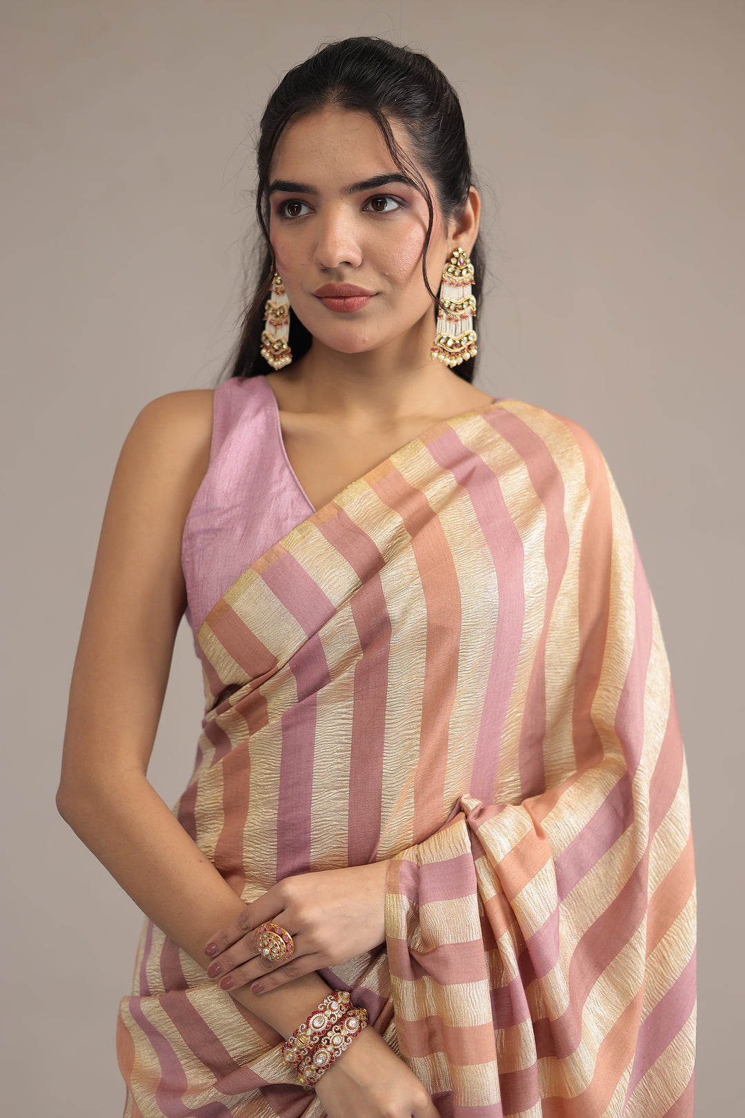 Peach Stripes Crush Tissue silk  Saree