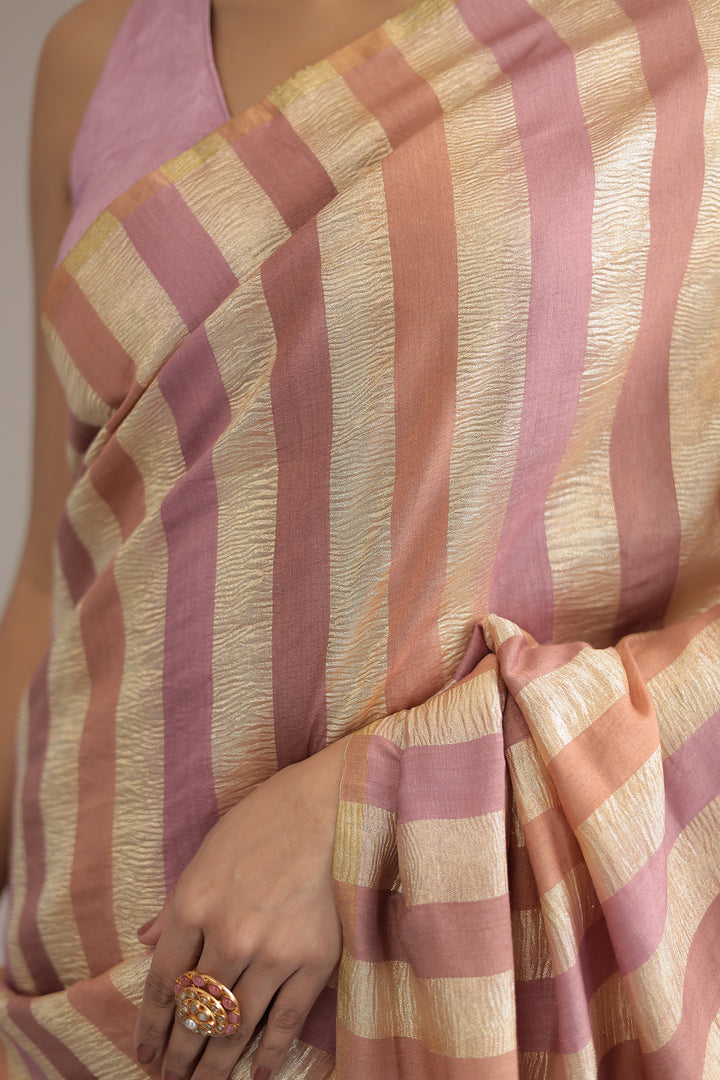Peach Stripes Crush Tissue silk  Saree