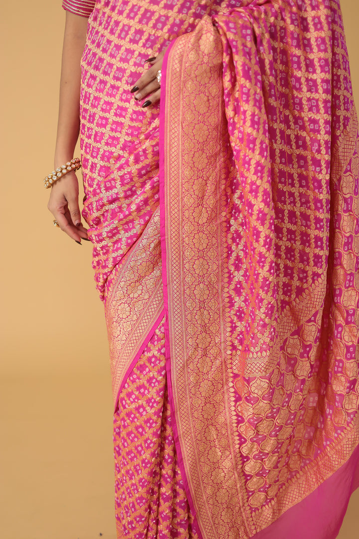 Pink Bandhej Pure Handloom  Georgette  Saree