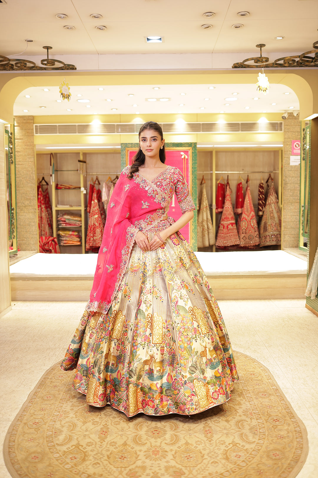 Pure Handloom Printed silk Lehenga with Aari, Sequins, Thread and Zardozi work