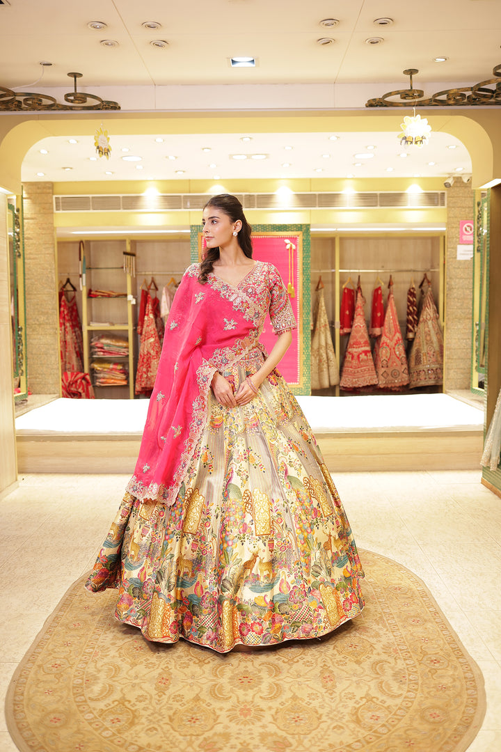 Pure Handloom Printed silk Lehenga with Aari, Sequins, Thread and Zardozi work