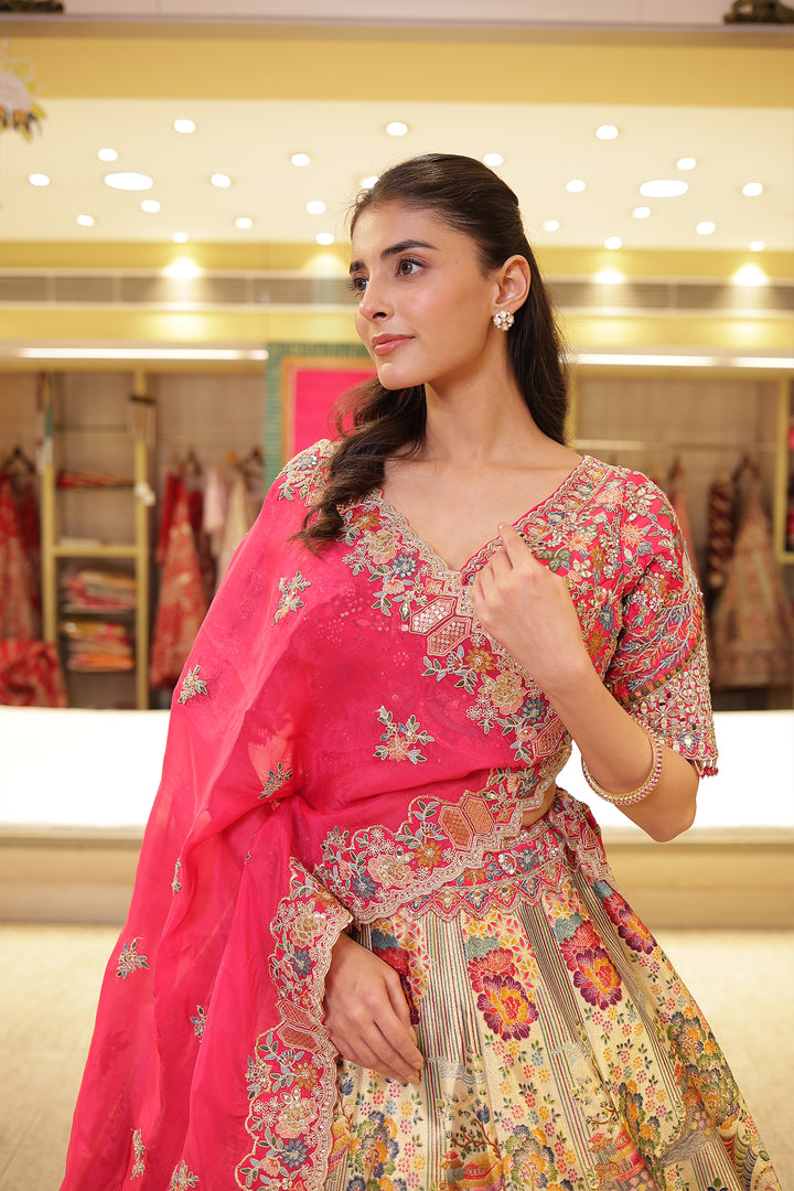 Pure Handloom Printed silk Lehenga with Aari, Sequins, Thread and Zardozi work
