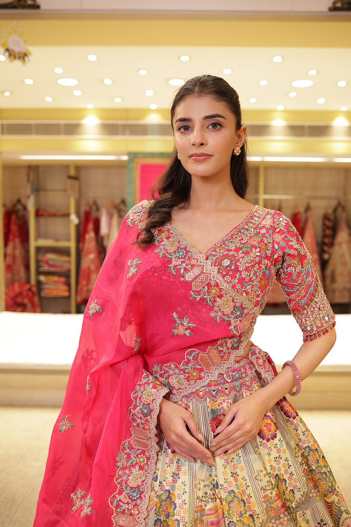 Pure Handloom Printed silk Lehenga with Aari, Sequins, Thread and Zardozi work