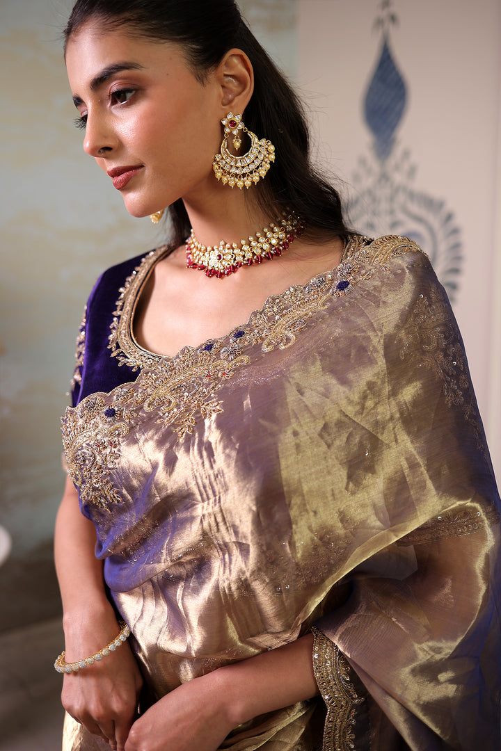 Tissue silk Saree with Sequins, Thread and Zardozi work