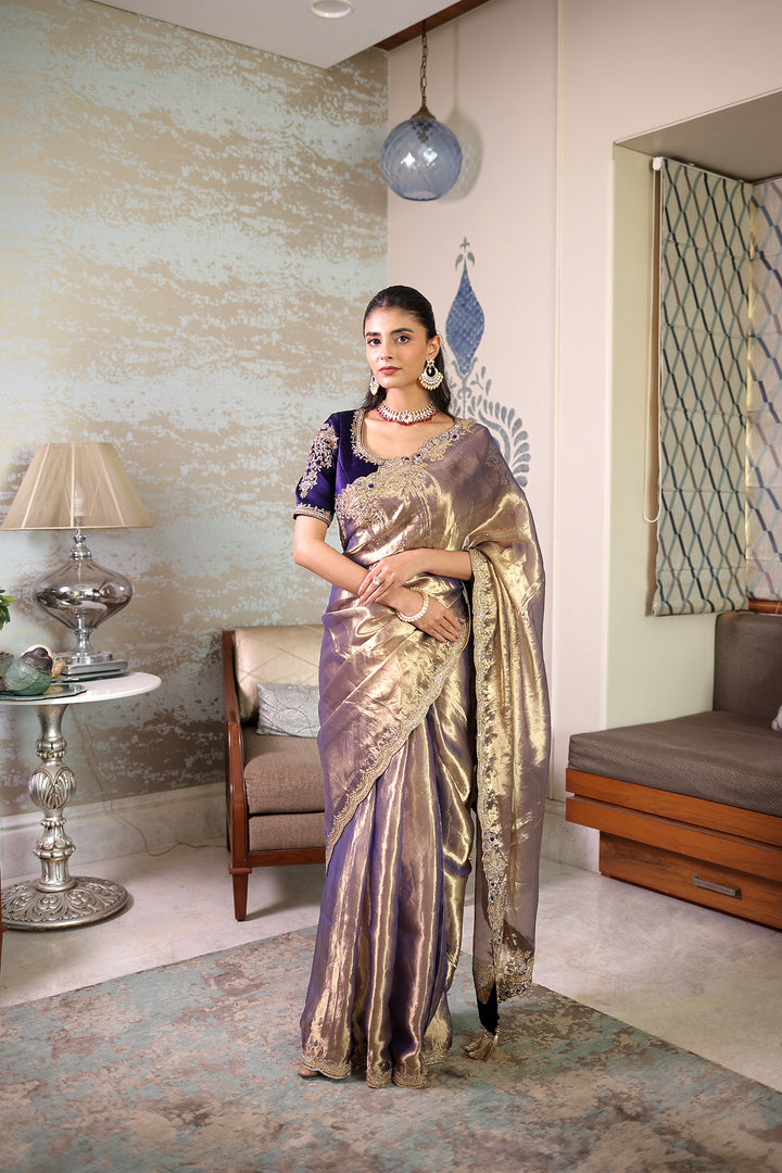 Tissue silk Saree with Sequins, Thread and Zardozi work