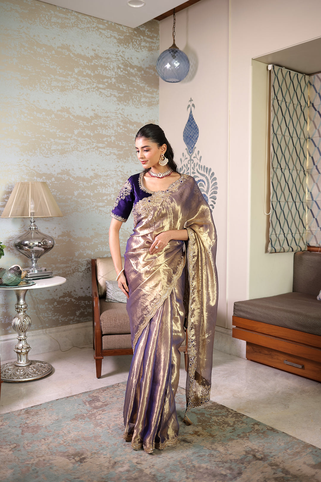 Tissue silk Saree with Sequins, Thread and Zardozi work