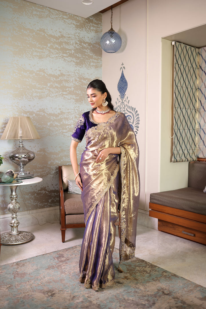 Tissue silk Saree with Sequins, Thread and Zardozi work