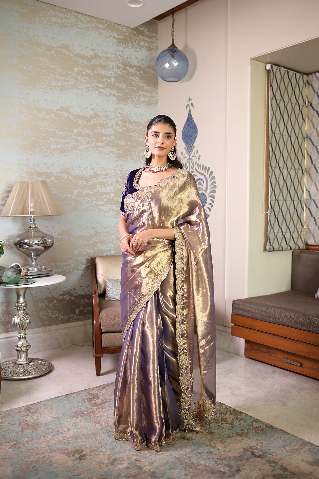 Tissue silk Saree with Sequins, Thread and Zardozi work