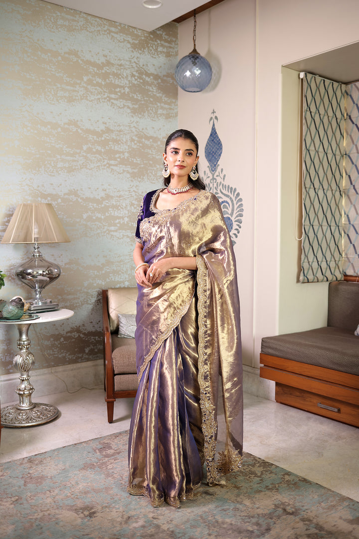 Tissue silk Saree with Sequins, Thread and Zardozi work