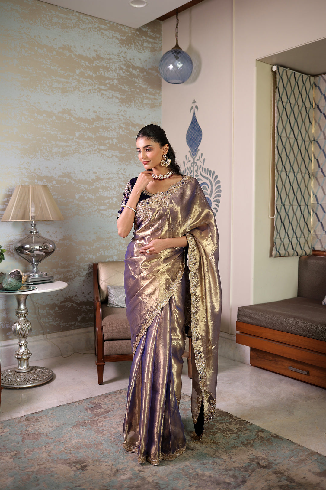 Tissue silk Saree with Sequins, Thread and Zardozi work