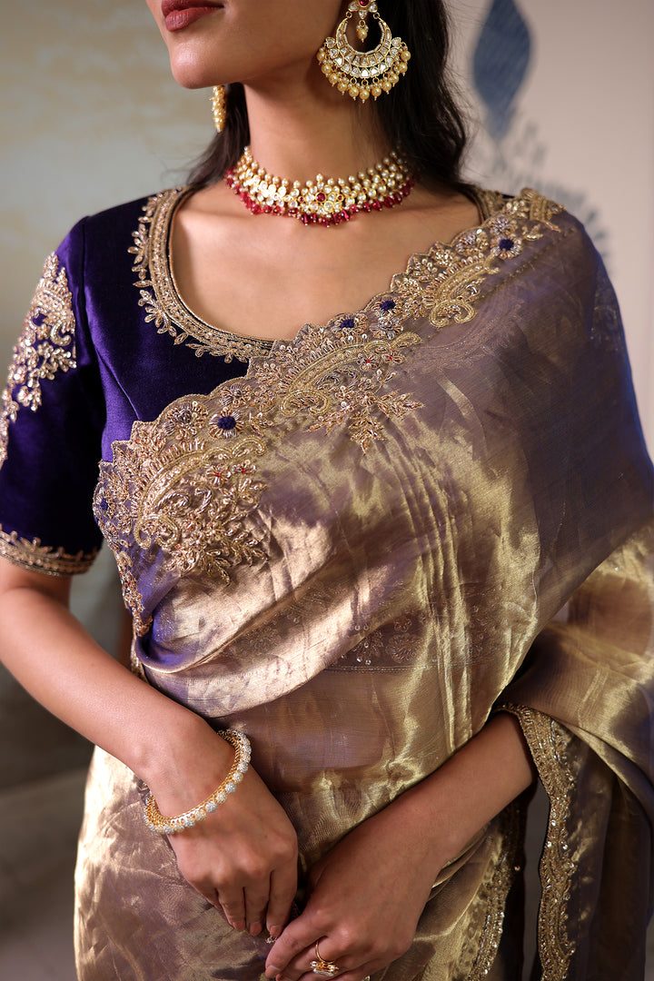 Tissue silk Saree with Sequins, Thread and Zardozi work