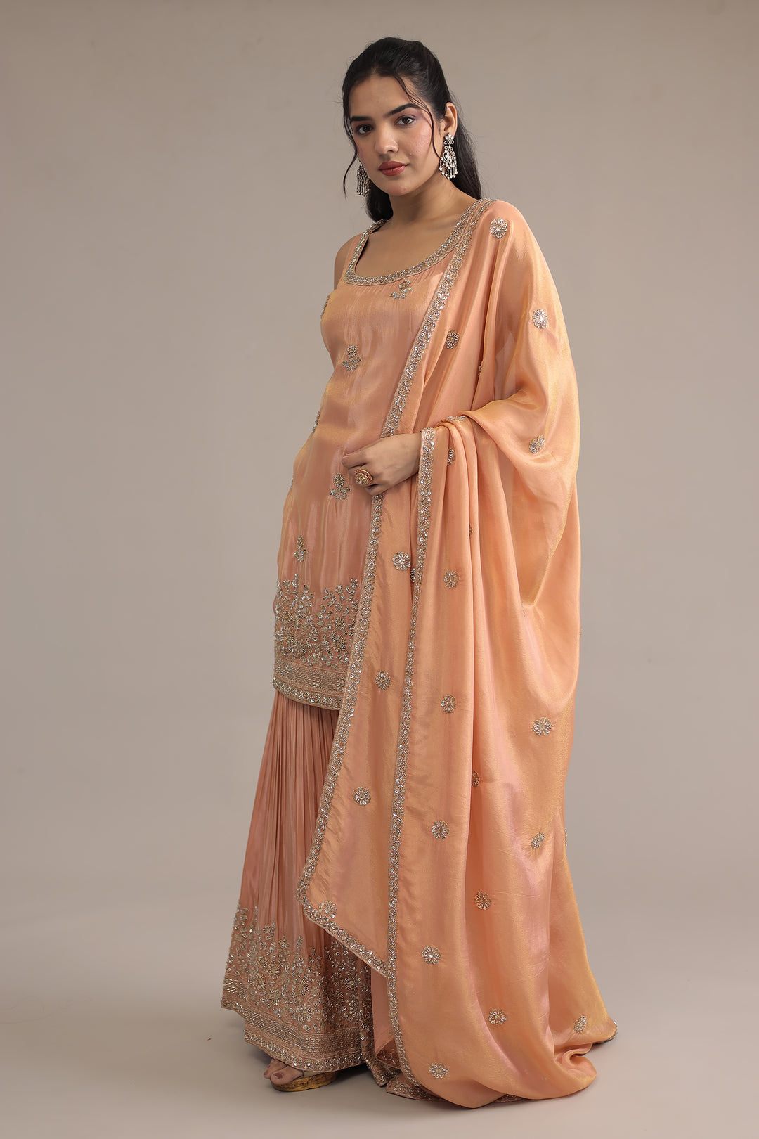 Peach Tissue  Suit with Cutdana and Sequins work