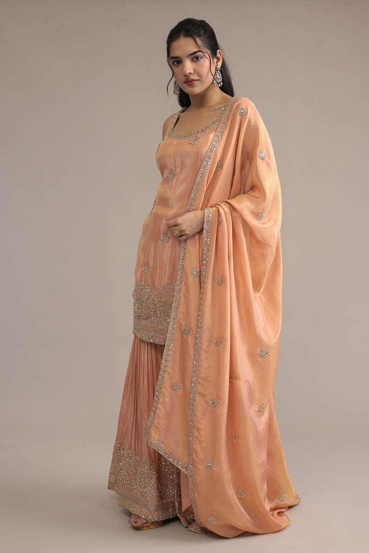Peach Tissue  Suit with Cutdana and Sequins work