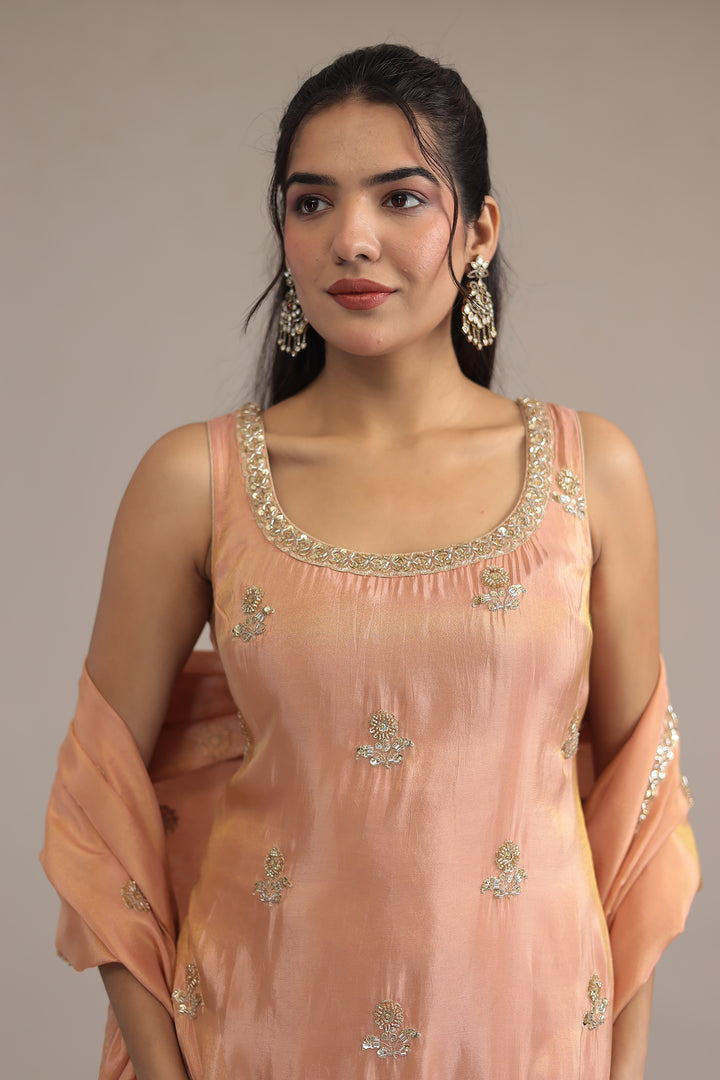 Peach Tissue  Suit with Cutdana and Sequins work