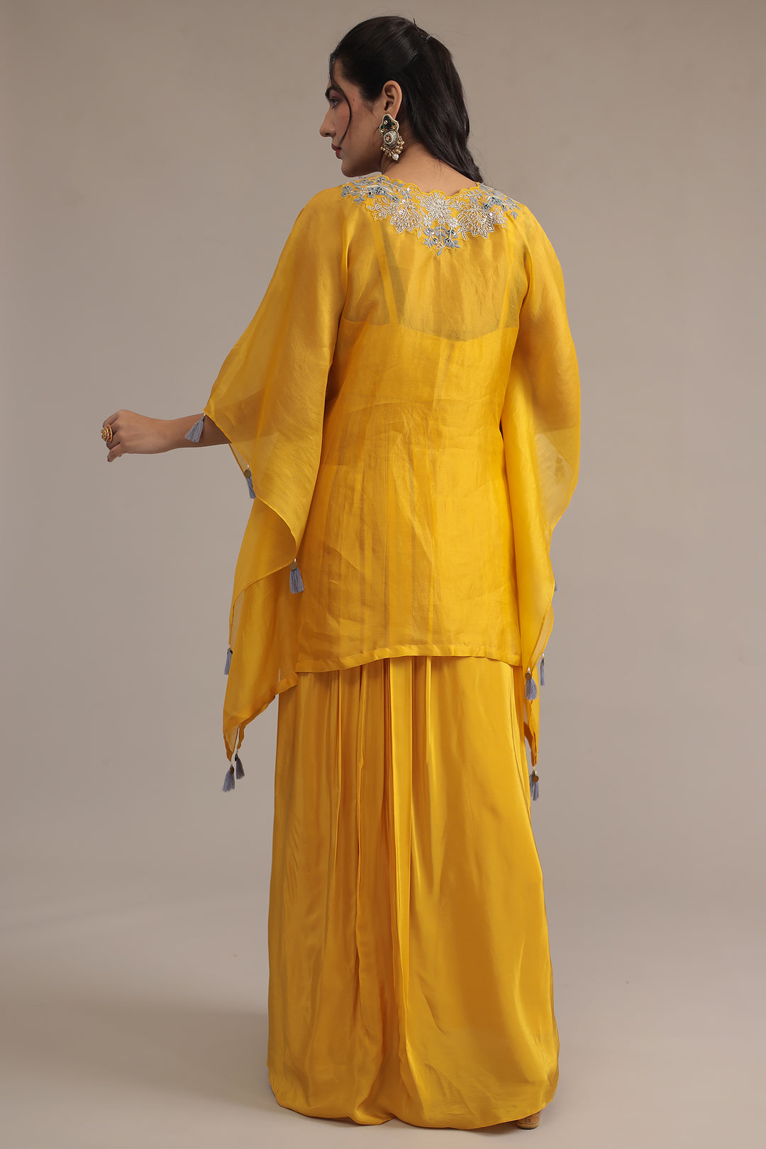 Yellow Silk  Kaftan  with Dori, Pearl and Thread work