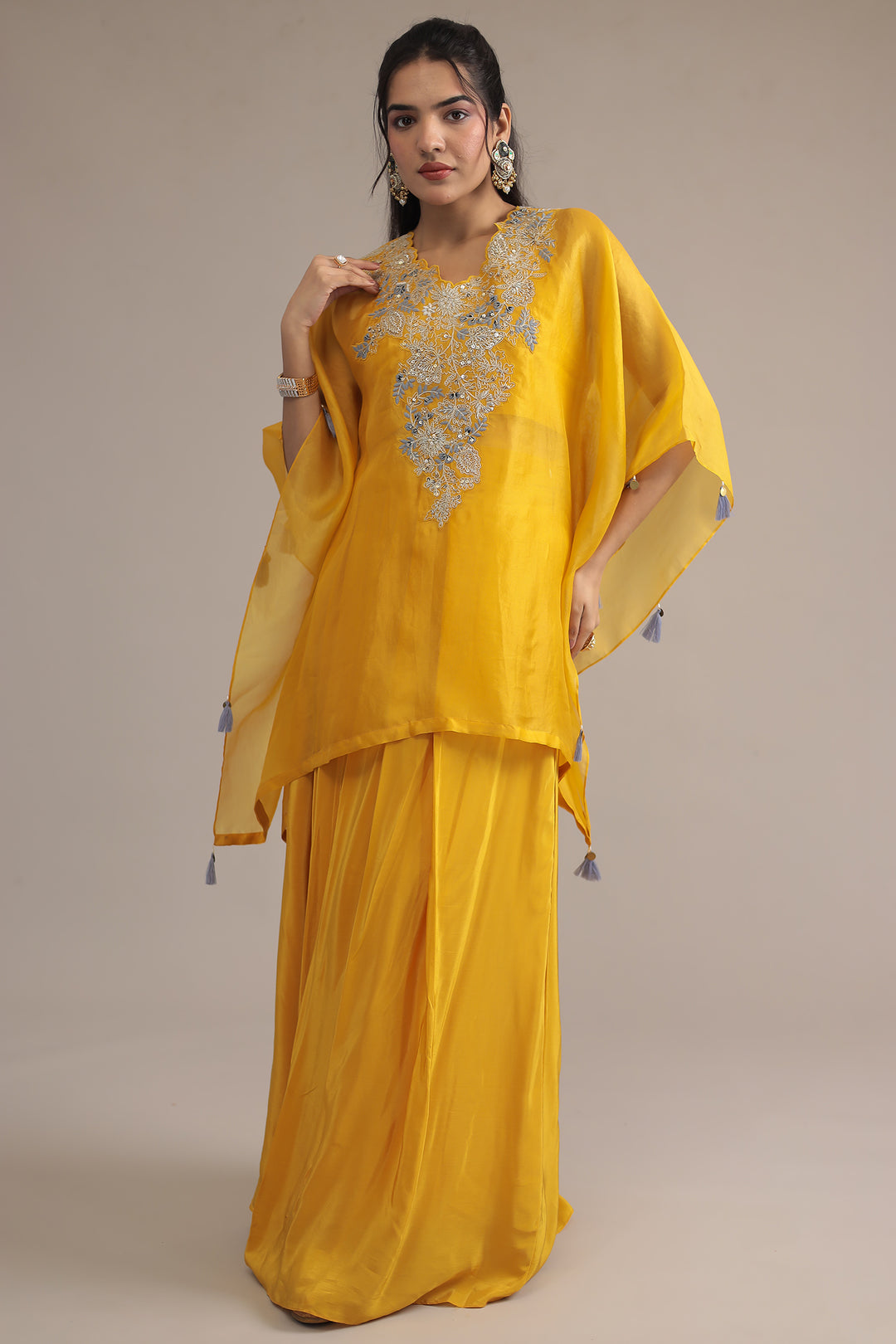 Yellow Silk  Kaftan  with Dori, Pearl and Thread work