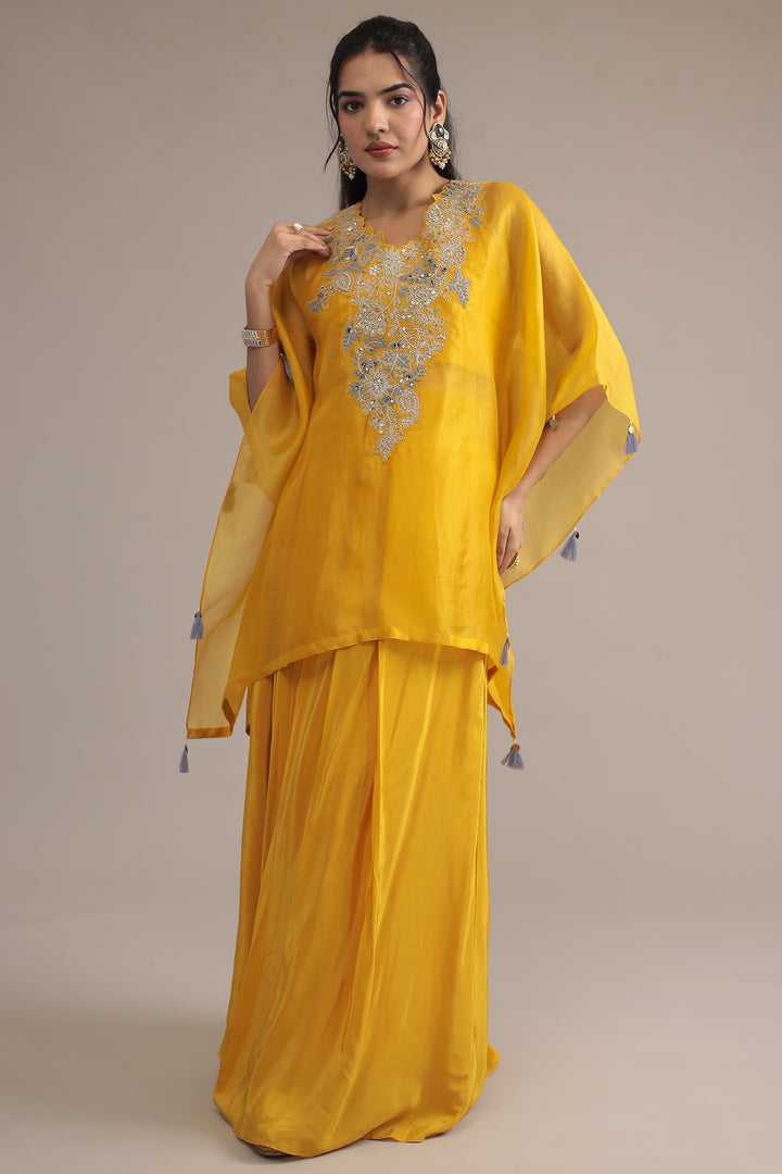Yellow Silk  Kaftan  with Dori, Pearl and Thread work