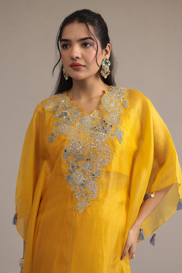 Yellow Silk  Kaftan  with Dori, Pearl and Thread work