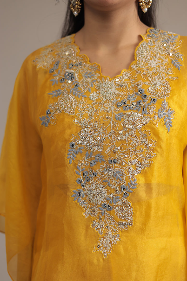 Yellow Silk  Kaftan  with Dori, Pearl and Thread work