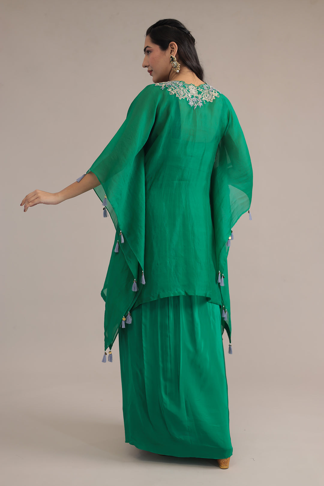 Green Elegant Silk Kaftan with Dori, Sequins and Thread work