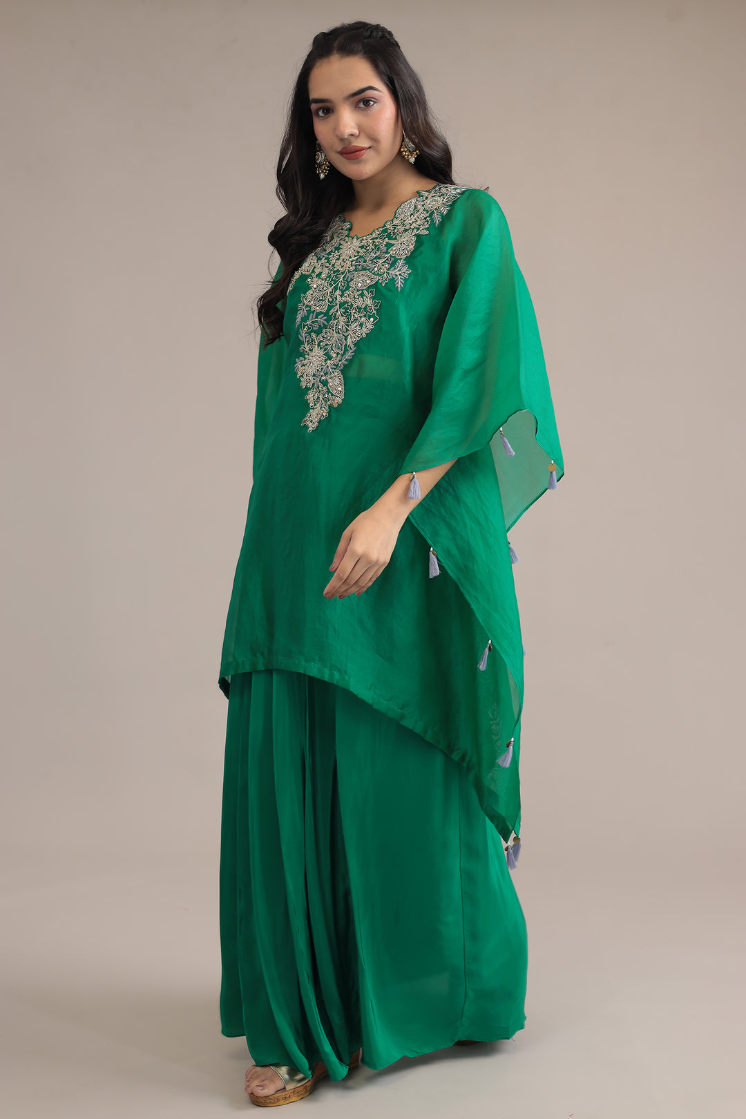 Green Elegant Silk Kaftan with Dori, Sequins and Thread work