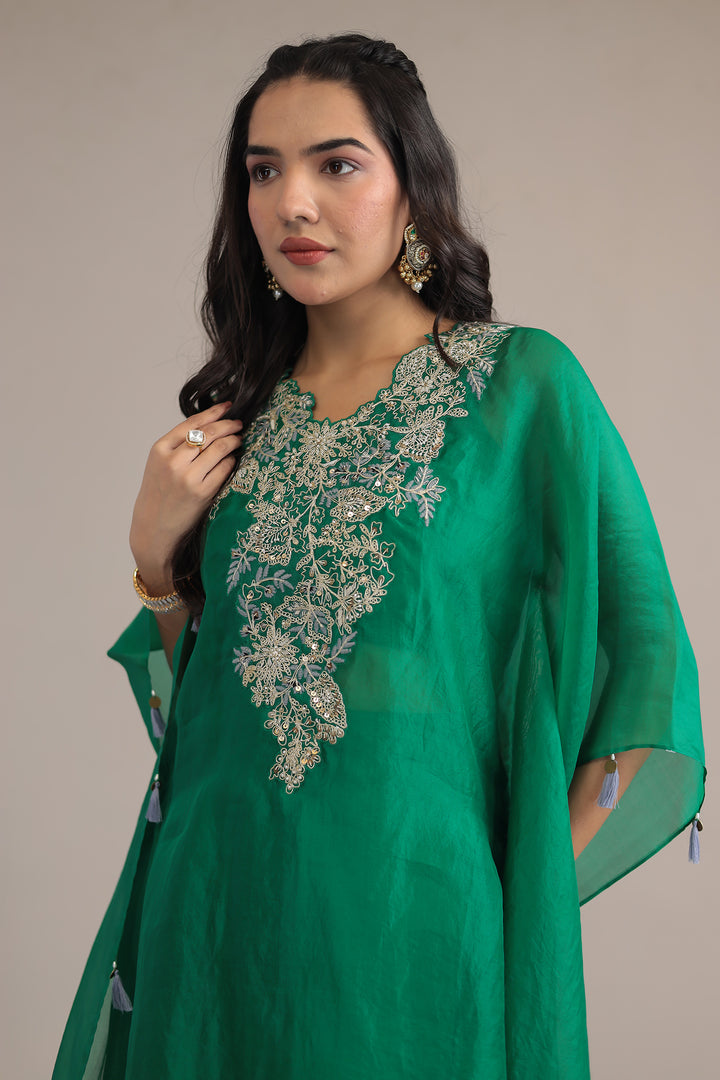 Green Elegant Silk Kaftan with Dori, Sequins and Thread work